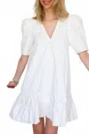 Karlie Denim V Neck Ruffle Bottom Mini Dress In Khaki In White