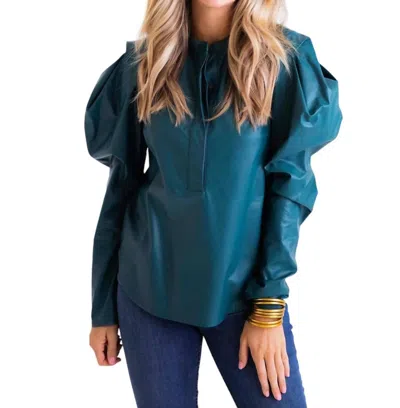 Karlie Faux Leather Puff Sleeve Top In Teal In Blue
