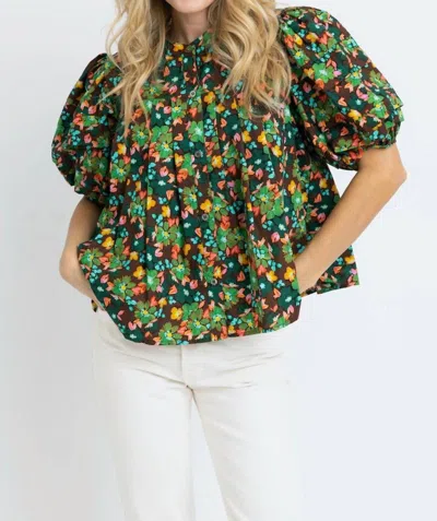 Karlie Floral Button Pleat Top In Brown Multi In Green