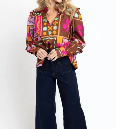 Karlie Floral Frame Ruffle Top In Brown