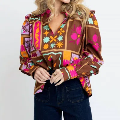 Karlie Floral Frame V-neck Ruffle Top In Brown