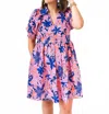 Karlie Floral Poplin Puff Sleeve Collar Dress In Navy In Pink