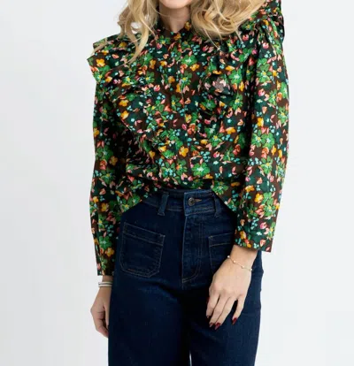 Karlie Floral Ruffle Button Up Top In Ashwood Brown In Green