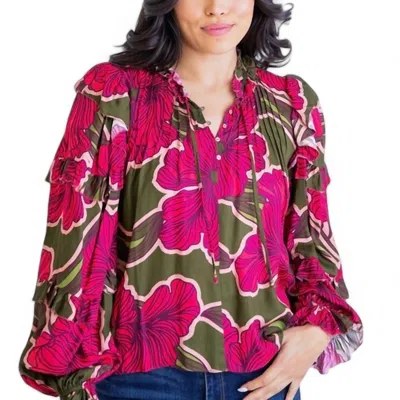 Karlie Floral Ruffle Sleeve Top In Pink/green In Multi