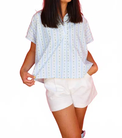 Karlie Floral Stripe V Neck Collar Top In Blue In Multi