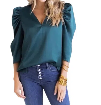 Karlie Forest V-neck Puff Sleeve Top In Teal In Blue