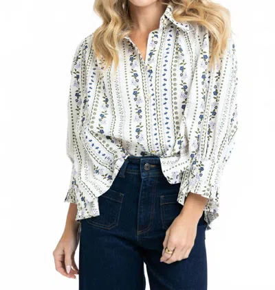 Karlie Frannie French Floral Button Up Puff Sleeve Top In Olive In White