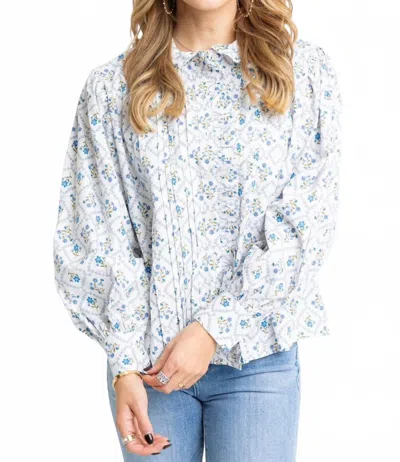 Karlie Frenchie Floral Pleat Ruffle Top In Ivory In Blue