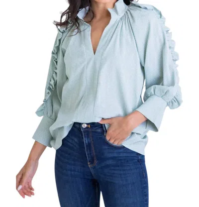Karlie Gingham Ruffle Vneck Top In Green In Blue