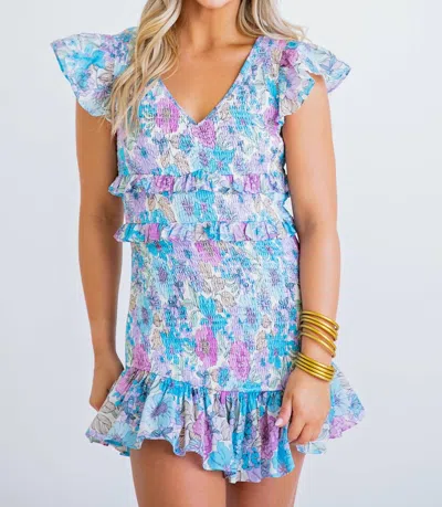 Karlie Groovy Ruched Floral Pattern Mini Dress In Multi In Blue