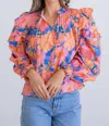 Karlie Haley Floral Ruffle Sleeve Top In Blue/orange Floral In Multi