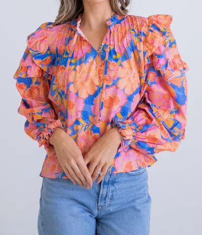 Karlie Haley Floral Ruffle Sleeve Top In Blue/orange Floral In Multi