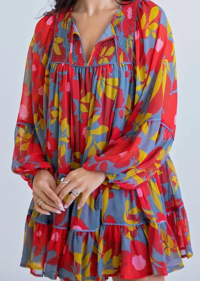 Karlie Lena Floral Chiffon Boho Tier Dress In Red Multi