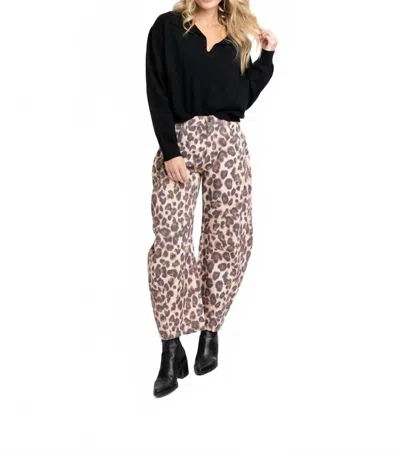 Karlie Dani Leopard Denim Barrel Jean In Beige In Multi