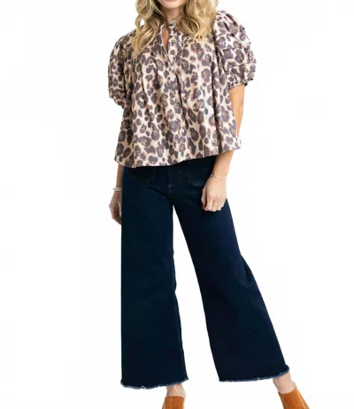 Karlie Leopard Denim Pleat Sleeve Top In Brown In Multi