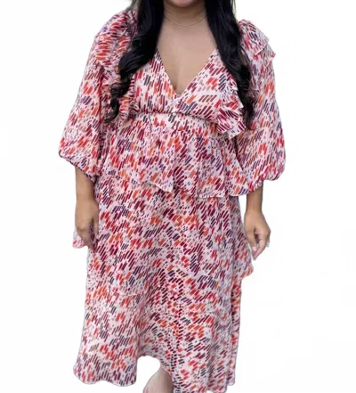 Karlie Melody Multi Color Abstract Ruffle Midi Dress In Red