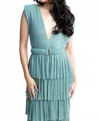 Karlie Metallic Double V Neck Maxi Dress In Green In Blue