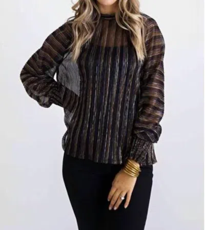 Karlie Metallic Stripe Puff Sleeve Top In Black