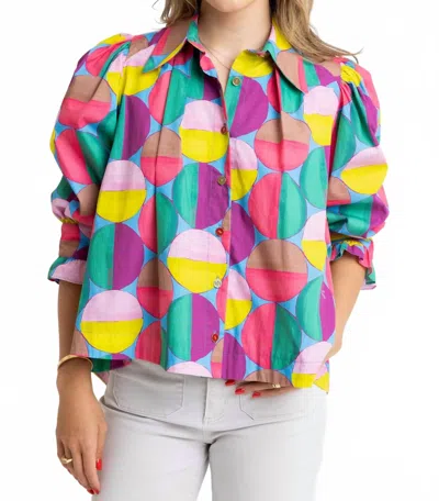 Karlie Modern Pop Button Up Top In Multi In Blue