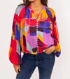 Karlie Mosaic Button Up Vneck Top In Multicolor In Multi
