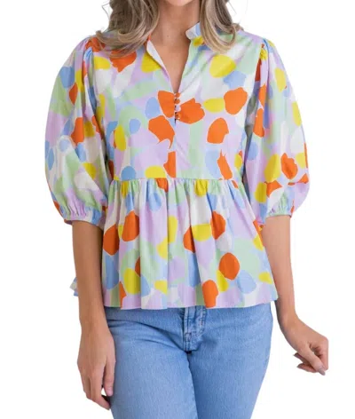 Karlie Mosaic Poplin Puff Sleeve Top In Multi