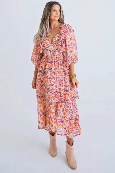Karlie Multi Abstract Vneck Ruffle Midi Dress In Orange In Pink