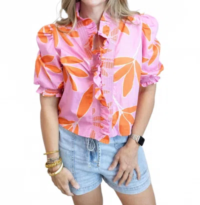 Karlie Palm Leaf Floral Ruffle Top In Pink In Multi
