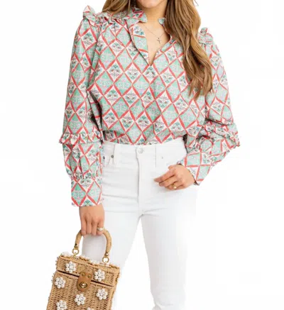 Karlie Paris Floral V-neck Ruffle Top In Green