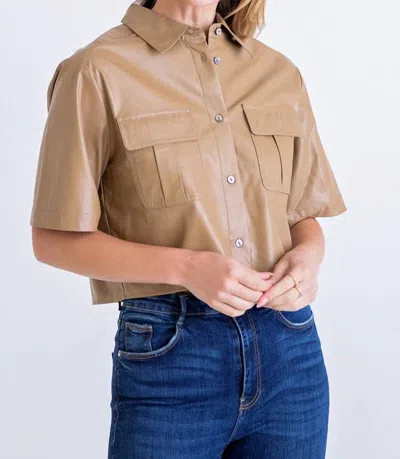 Karlie Pleather Camp Shirt In Truffle In Brown