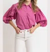 Karlie Solid Poplin Button Top In Raspberry In Pink