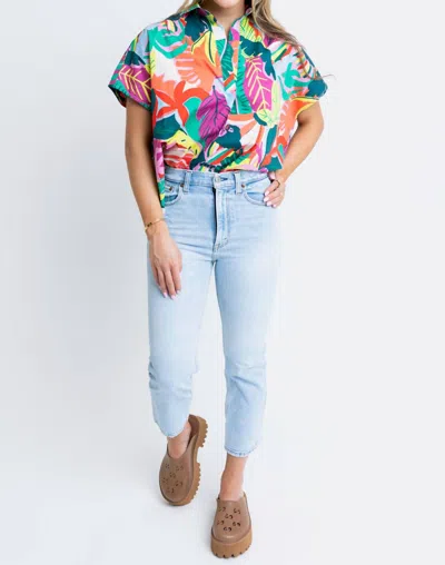 Karlie Poplin Neck Collar Top In Birds Of Paradise In Multi