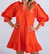 Karlie Ruffle Poplin Ruffle Sleeve Dress In Tomato Red In Multi