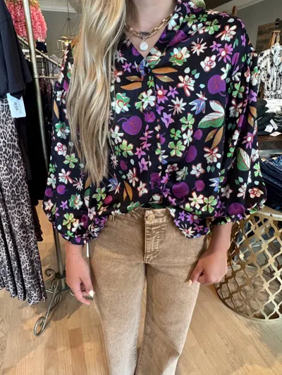 Karlie Satin Fall Floral Button Up Top In Black In Multi