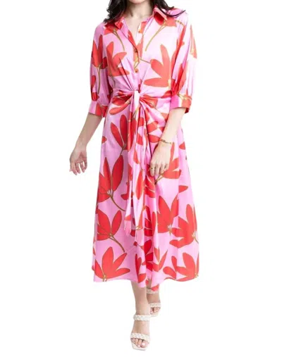 Karlie Satin Palm Floral Knot Shirt Dress In Pink/cherry In Multi