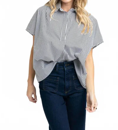 Karlie Signature Neck Collar Top In Black Stripe In Blue