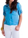 Karlie Solid Button Pocket Top In Blue In Blue