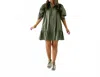 Karlie Solid Button Puff Sleeve Ruffle Dress In Olive Green In Green