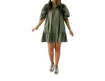 Karlie Solid Button Puff Sleeve Ruffle Dress In Olive Green
