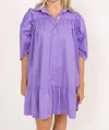 Karlie Solid Button Puff Sleeve Ruffle Dress In Purple In Purple