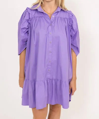 Karlie Solid Button Puff Sleeve Ruffle Dress In Purple