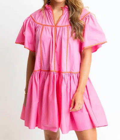 Karlie Solid Contrast Embroidered V Neck Tier Dress In Pink