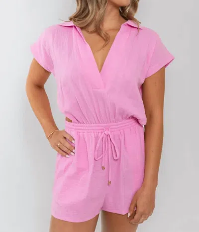 Karlie Solid Gauze V-neck Keyhole Back Romper In Pink