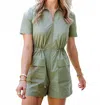 Karlie Solid Pocket Cinch Waist Weekend Romper In Olive In Green