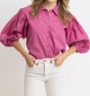 Karlie Solid Poplin Button Top In Raspberry In Pink
