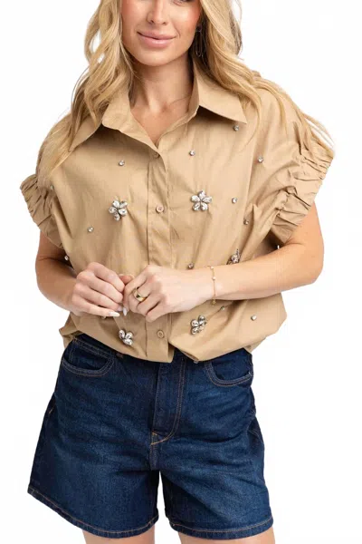 Karlie Solid Poplin Jeweled Top In Camel In Neutral