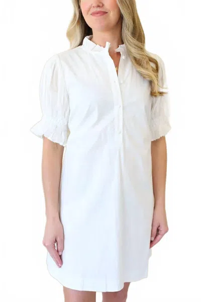 Karlie Solid Poplin Ruffle Neck Pleat Back Tie Dress In White
