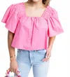 Karlie Solid Poplin Square Neck Top In Pink In Pink