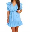 Karlie Solid Poplin Wrap Ruffle Dress In Blue In Blue