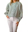 Karlie Stripe Pleat Ruffle Trim Top In Green In Green