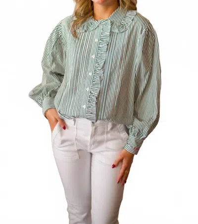 Karlie Stripe Pleat Ruffle Trim Top In Green